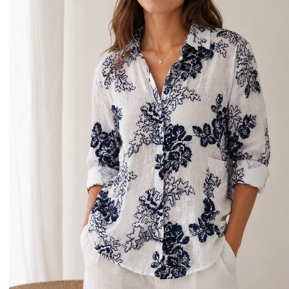 John Mark Tops - John Mark Linen Floral Embroidered Button Down Shirt Navy White n3